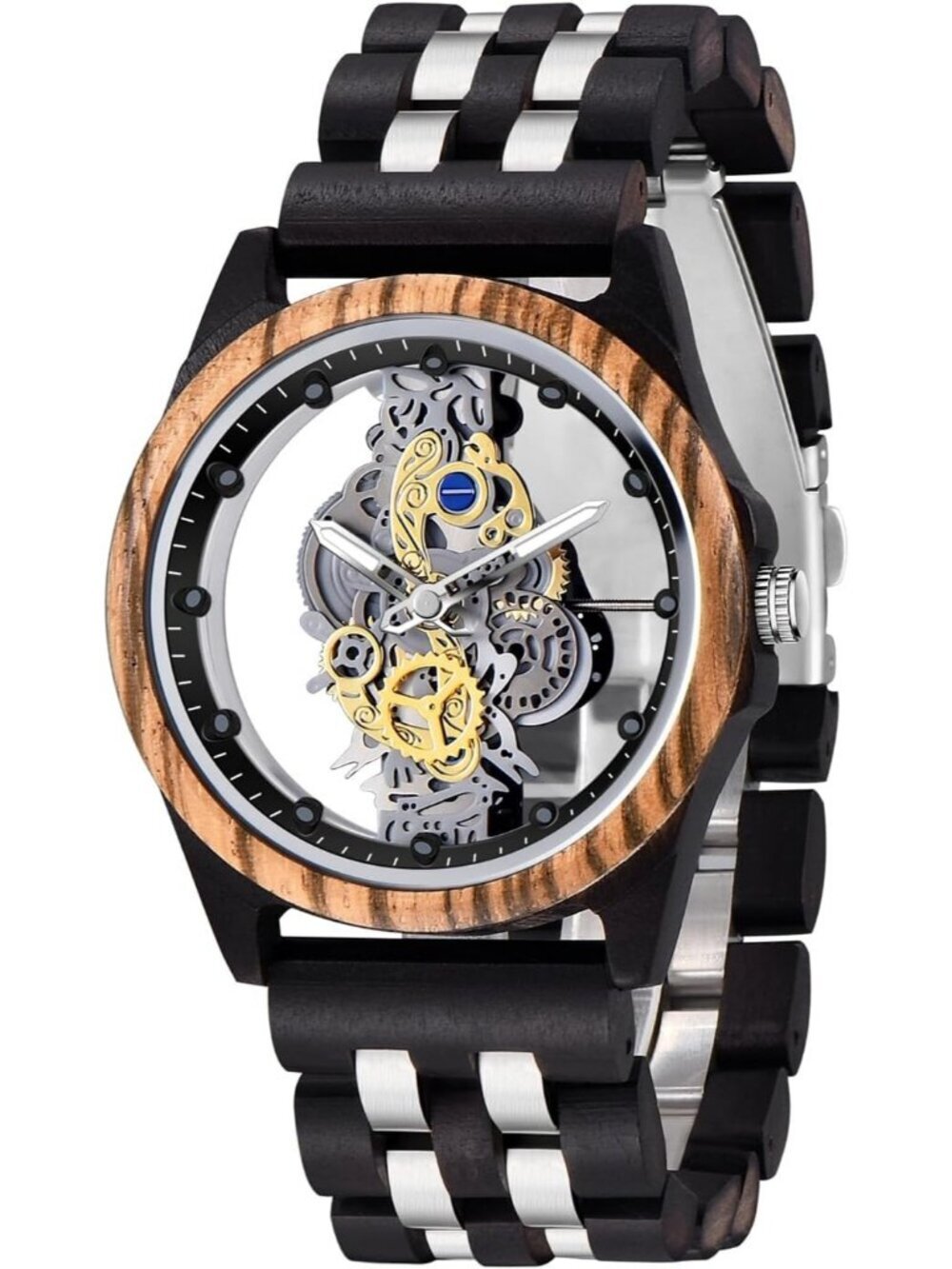 Men's Black&Silver Skeleton Buckle Analog Quartz Classic Round Wooden Watch